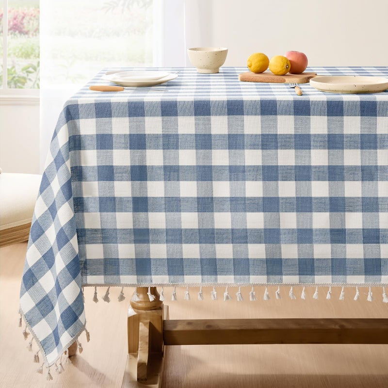 Softalker Checkered Tablecloth Rectangle, Outdoor Linen Cotton Gingham Table Cloth with Tassel, Heavy Duty Wrinkle Free Buffalo Plaid Table Cover for Kitchen Dining Home Party - 55 x 84 Inch, Blue - Image 1