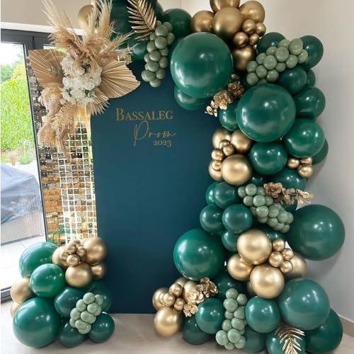 GIHOO Green and Gold Balloons Arch Garland Kit 129pcs Dark Emerald Green Sage Green Metallic Gold Balloon for Birthday Wedding Christmas New Year Eve Party Decorations - Image 1