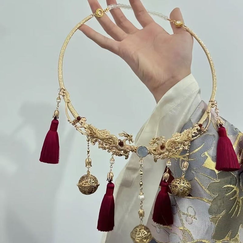 WU Chinese Hanfu Yingluo Ming-Style Collar Necklace with Tassel Bells, Unisex Traditional Accessory - Image 2
