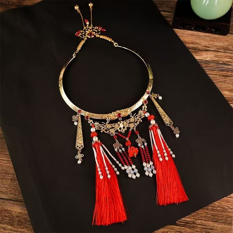 WU Chinese Hanfu Yingluo Ming-Style Collar Necklace with Tassel Bells, Unisex Traditional Accessory - Image 3