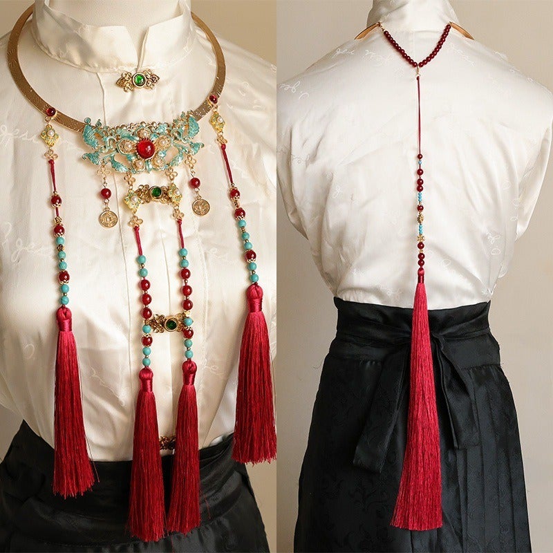 WU Chinese Hanfu Yingluo Ming-Style Collar Necklace with Tassel Bells, Unisex Traditional Accessory - Image 1