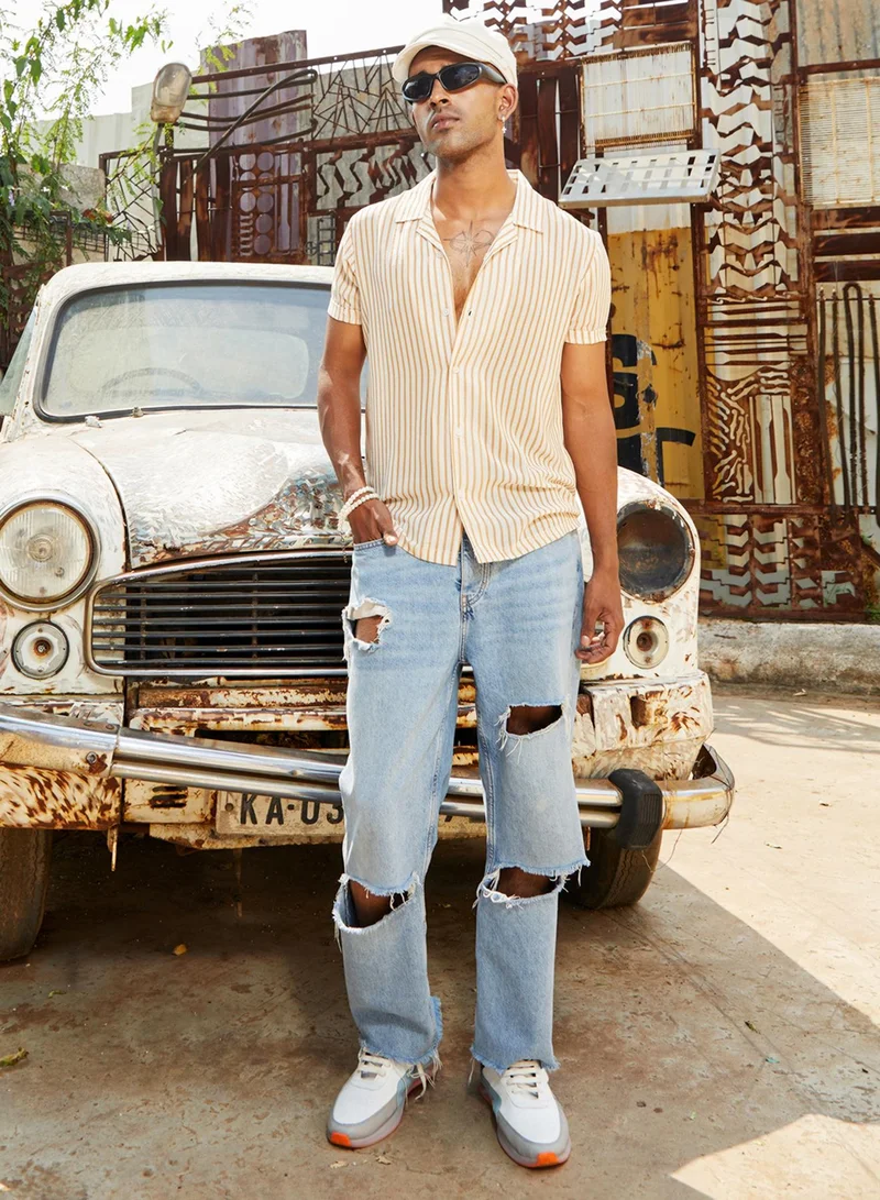 كامبوس سوترا Men's White & Brown Unbalanced Striped Shirt