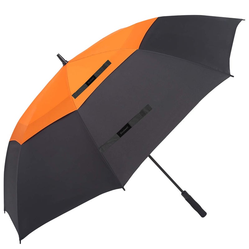 Doubwell golf umbrella large size 68 inches air vent double canopy windproof automatic straight rain umbrellas (orange/black) - Image 1