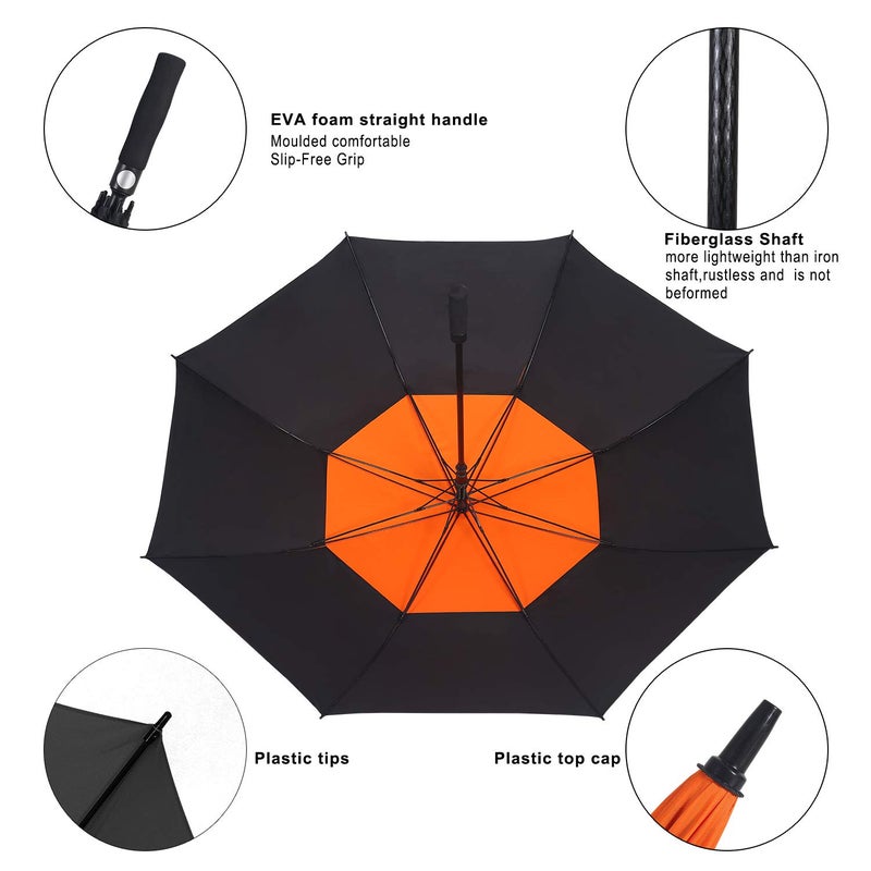 Doubwell golf umbrella large size 68 inches air vent double canopy windproof automatic straight rain umbrellas (orange/black) - Image 3