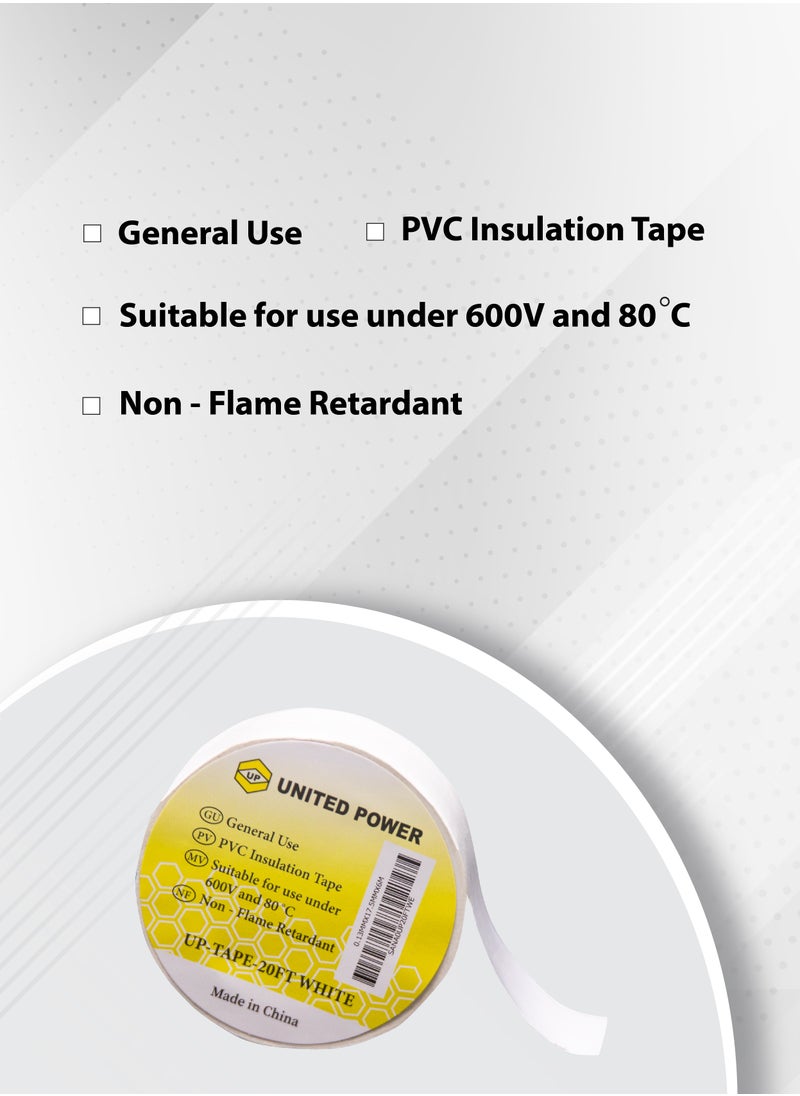 UNITED POWER PVC Electrical Tape - Insulating & Waterproof (10-Pack, White) - 18mm x 20m - High-Quality Adhesive for Electrical Wiring, Repairs & DIY Projects  - Image 2