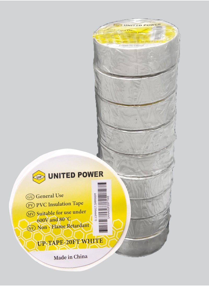 UNITED POWER PVC Electrical Tape - Insulating & Waterproof (10-Pack, White) - 18mm x 20m - High-Quality Adhesive for Electrical Wiring, Repairs & DIY Projects  - Image 1