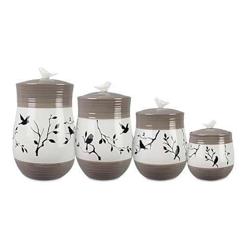 Young's Inc. 4 Pcs Set Botanical Ceramic Canisters- Storage Container for Kitchen and Bathroom - Beautiful Home Decor Accent to Store Food, Coffee, Tea, and More - Brown, White - Image 1