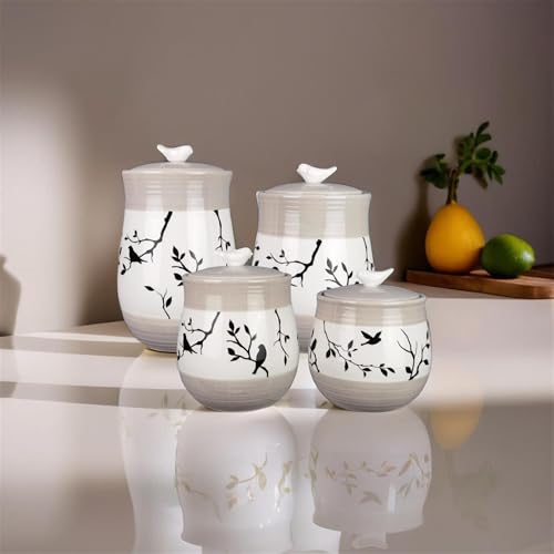 Young's Inc. 4 Pcs Set Botanical Ceramic Canisters- Storage Container for Kitchen and Bathroom - Beautiful Home Decor Accent to Store Food, Coffee, Tea, and More - Brown, White - Image 2