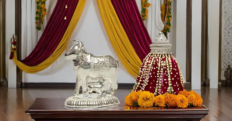Vail Creations Vail Creation German Silver Kamdhenu Cow and Calf Idol Decoration for Pooja Room Gift Worship Office Home Decor Items | Silver Cow and Calf Statue - Image 4