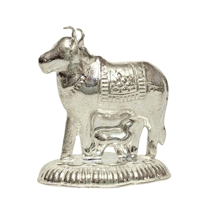 Vail Creations Vail Creation German Silver Kamdhenu Cow and Calf Idol Decoration for Pooja Room Gift Worship Office Home Decor Items | Silver Cow and Calf Statue - Image 2