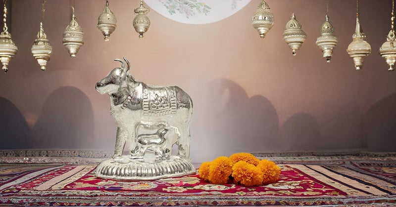 Vail Creations Vail Creation German Silver Kamdhenu Cow and Calf Idol Decoration for Pooja Room Gift Worship Office Home Decor Items | Silver Cow and Calf Statue - Image 5