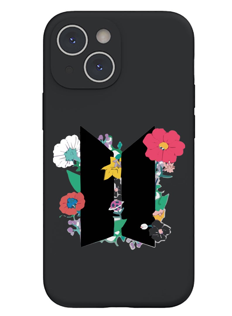 Theodor Protective Slim Fit Case Liquid Silicone Cover with Full Body Protection Anti-Scratch Shockproof Case For iPhone 15 Plus Black - BTS floral B - Image 1