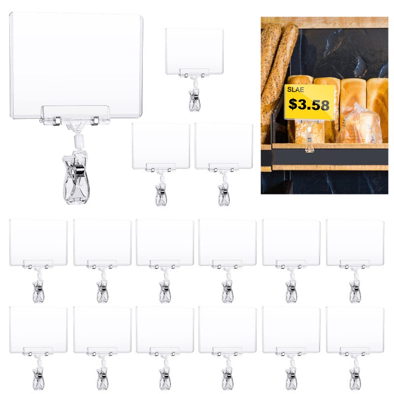 Mlici Clear Rotating Sign Holder with Clip 16 PC Sign Clips POP Swivel Sign Holding Clamp for Retail Store Office 4x6 Inch PVC Card Holder Protector for Merchandise Display Tags