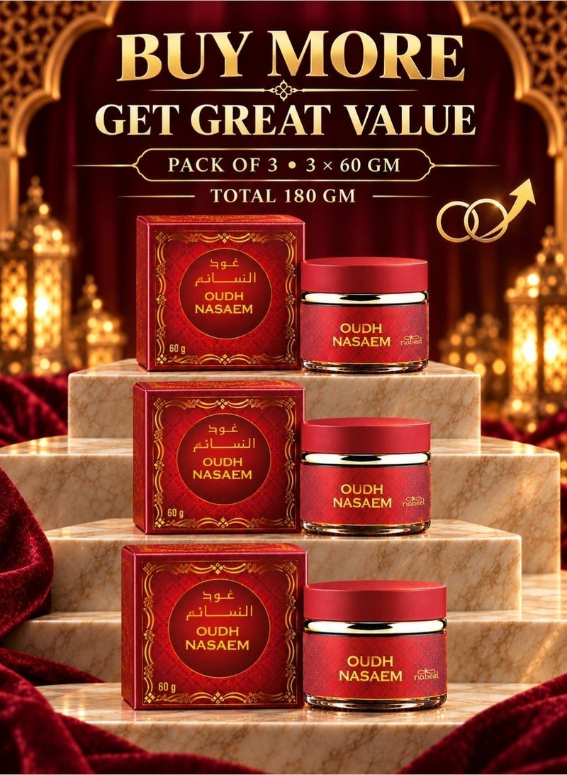 نبيل ٣ قطع من بخور نسيم عود الفاخر، ٦٠ غرام، عطر عود عربي يدوم طويلاً، مناسب للمنزل والمجالس والأجواء الروحانية. - Image 1