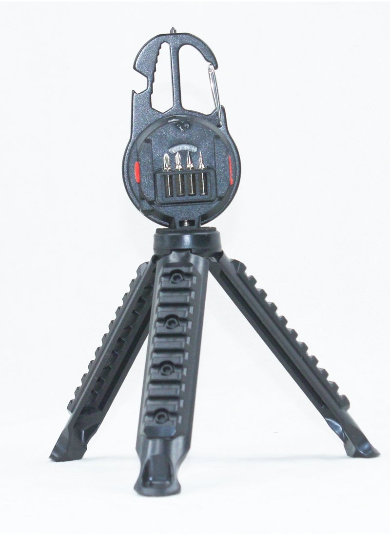 Multipurpose Camping Light For Trips Hiking BBQ Adventures and Other Outdoor Activities - COB LED Flashlight With 7 Light Modes, Screwdriver Set, Bottle Opener, Hammer, Carabiner and Folding Tripod