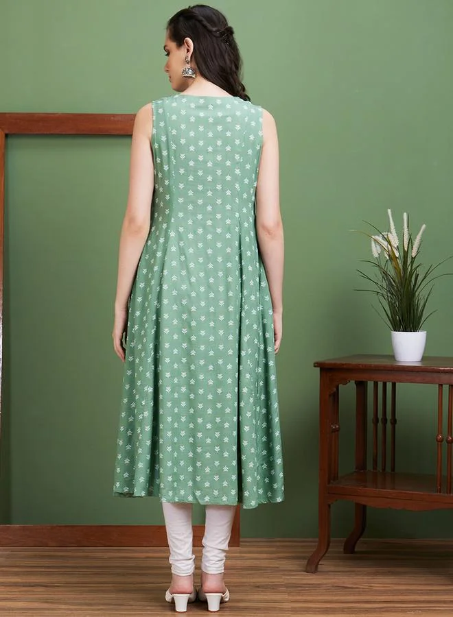 globus  Floral Print Front Slit Flared Hem Paneled A-Line Kurta for Women | Best Price UAE