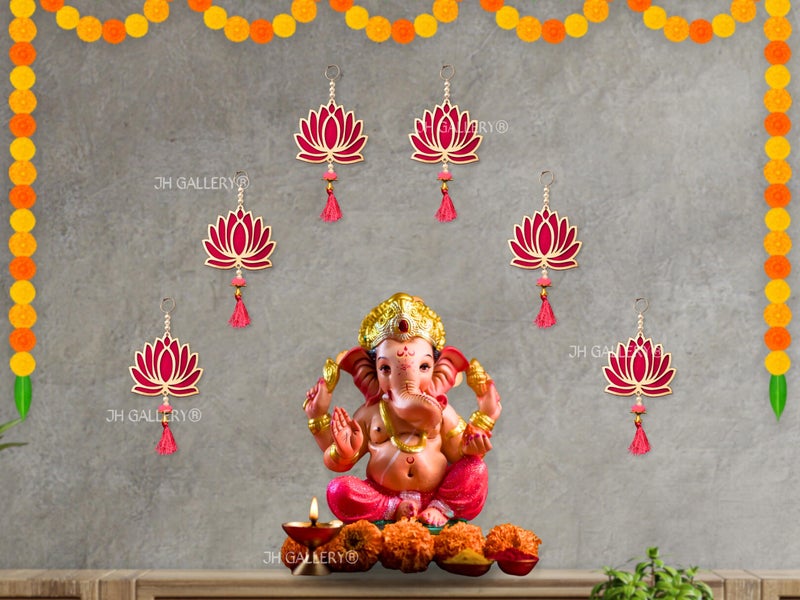 JH Gallery Decorative Lotus Hanging for Home Decor, Diwali Decoration, Pooja Room Decor, Mandir Wall Decor, Home Decoration Items for Living Room, Festival Ganpati Decor - Pink, Pack of 6 - Image 3