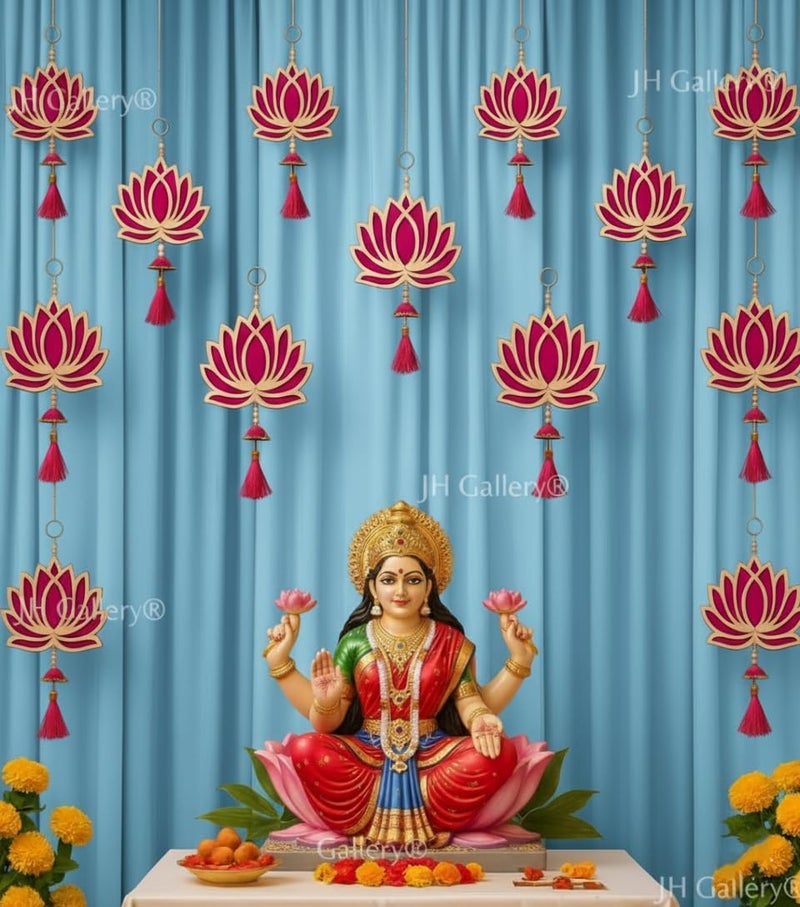 JH Gallery Decorative Lotus Hanging for Home Decor, Diwali Decoration, Pooja Room Decor, Mandir Wall Decor, Home Decoration Items for Living Room, Festival Ganpati Decor - Pink, Pack of 6 - Image 1