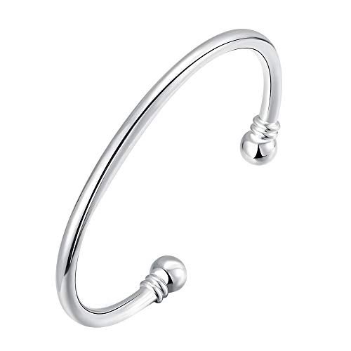 Cutesmile 925 Sterling Silver Bangle Bracelet, Fashion Simple Open Bangles Two Bead Cuff Jewelry for Men Women - Image 1