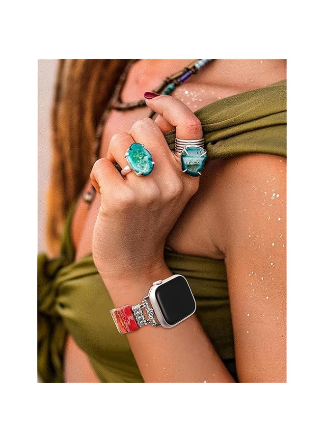 Natural Stone Bracelet Compatible with Apple Watch Band 38-41mm Women, Handmade Elastic Solo Loop Beaded Western Vintage Strap for iWatch Series 9 8 7 6 5 4 3 2 1 SE/Ultra - Image 3