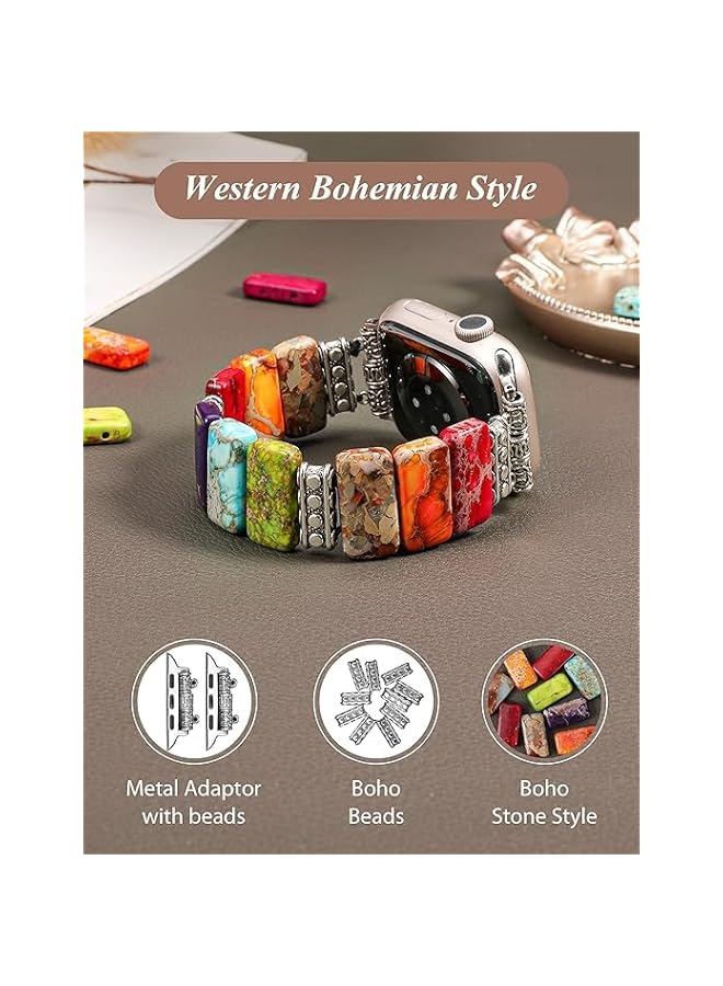 Natural Stone Bracelet Compatible with Apple Watch Band 38-41mm Women, Handmade Elastic Solo Loop Beaded Western Vintage Strap for iWatch Series 9 8 7 6 5 4 3 2 1 SE/Ultra - Image 2