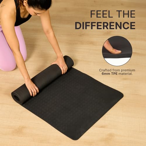 CULT TPE Yoga Mat 6mm with Carry Bag & Strap – Eco-Friendly, Non-Slip, Lightweight & Durable Exercise Mat for Yoga, Pilates, Meditation & Home Workouts – Black - Image 5
