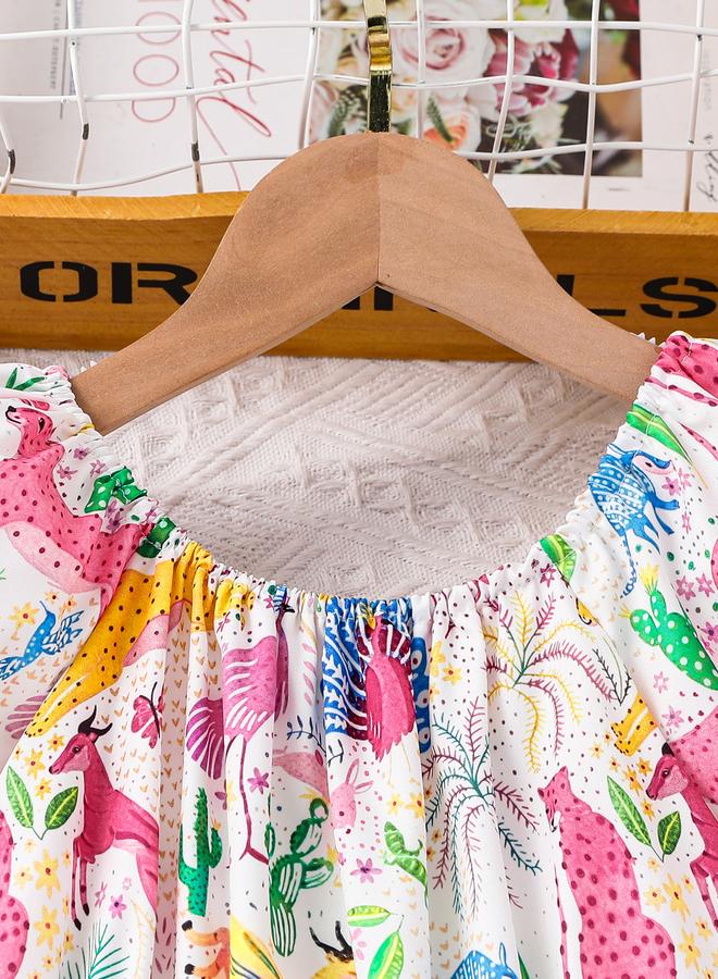 تايك تو فستان مربع بياقة مطبوع برسومات متعددة للبنات - Image 3