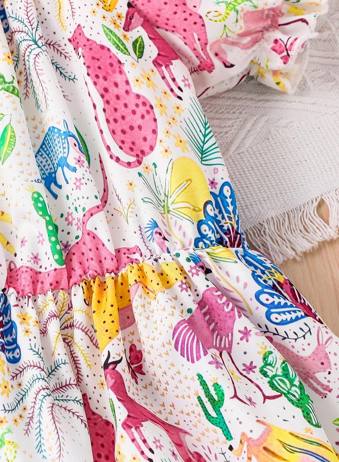 تايك تو فستان مربع بياقة مطبوع برسومات متعددة للبنات - Image 5