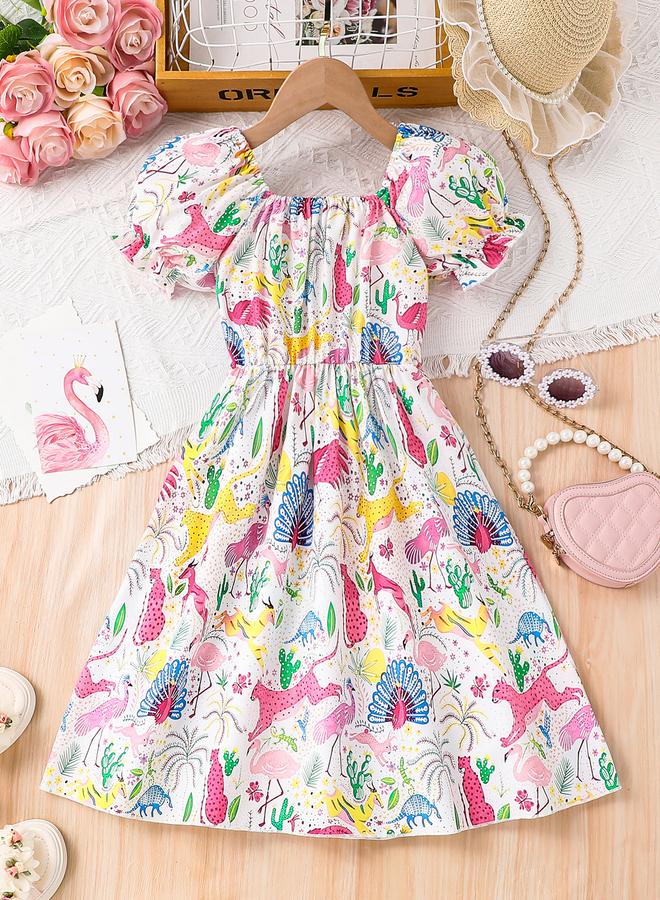 تايك تو فستان مربع بياقة مطبوع برسومات متعددة للبنات - Image 2