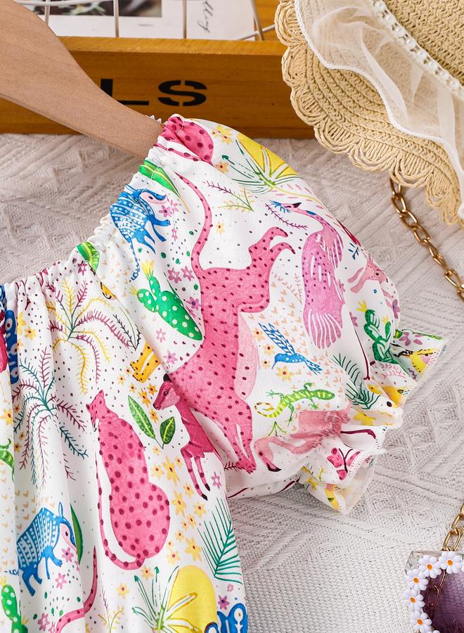 تايك تو فستان مربع بياقة مطبوع برسومات متعددة للبنات - Image 4