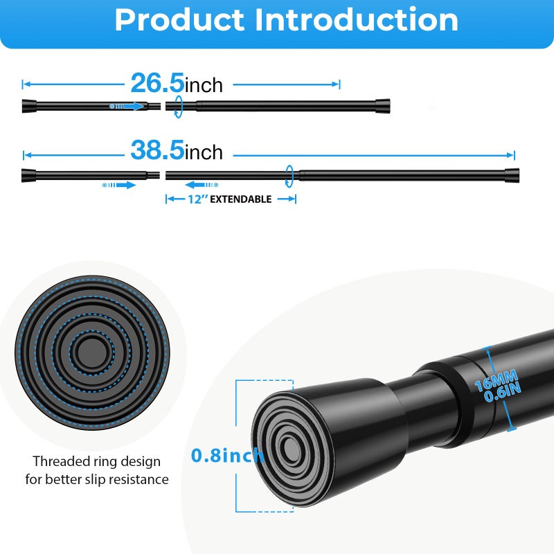 MEXAU 6PCS Small Tension Curtain Rod 27 to 38 Inch,Black Short Curtain Rods No Drilling,Loaded Expandable Spring Curtain Rods for Windows Kitchen,Closet,Cupboard,Door,Bookshelf - Image 3