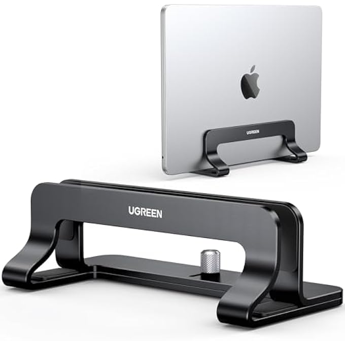 Ugreen ALUMINUM VERTICAL LAPTOP STAND, DOUBLE DESKTOP STAND HOLDER WITH ADJUSTABLE DOCK SPACE-SAVING ANTI SLIDE SILICONE GRIPS FOR ALL TABLET/IPAD MACBOOK/SURFACE/SAMSUNG/HP/DELL/CHROME BOOK BLACK - Image 1