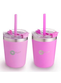 PopYum PopYum 9oz Insulated Stainless Steel Kids’ Cups with Lid and Straw, 2-Pack, Purple, Pink, stackable, sippy, baby, child, toddler, tumbler, double wall, vacuum, leak proof  - Image 1