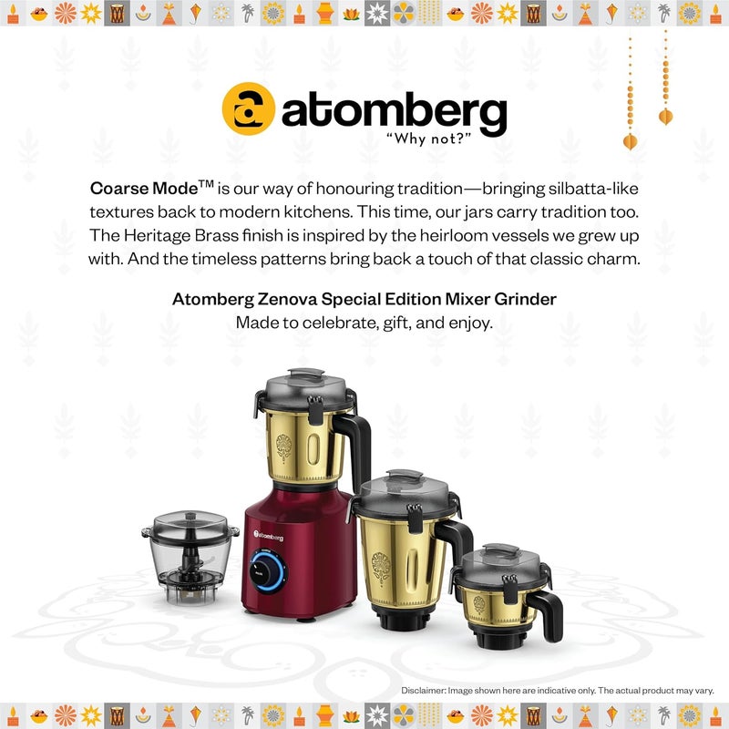 atomberg Zenova Mixer Grinder | Unique Coarse Mode for Silbatta-like Texture | Intelligent BLDC Motor | Safety Features | 4 Jars including Chopper | Hands-Free Operation (Heritage Brass-Red Wine) - Image 2