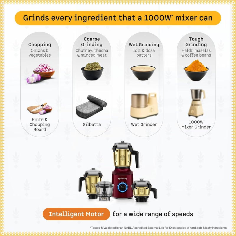 atomberg Zenova Mixer Grinder | Unique Coarse Mode for Silbatta-like Texture | Intelligent BLDC Motor | Safety Features | 4 Jars including Chopper | Hands-Free Operation (Heritage Brass-Red Wine) - Image 3
