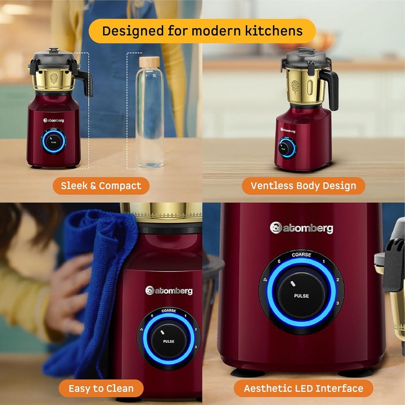 atomberg Zenova Mixer Grinder | Unique Coarse Mode for Silbatta-like Texture | Intelligent BLDC Motor | Safety Features | 4 Jars including Chopper | Hands-Free Operation (Heritage Brass-Red Wine) - Image 5