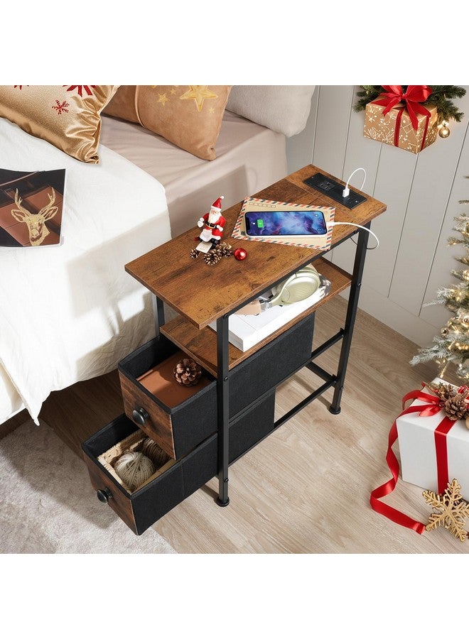 HOOBRO End Table with Charging Station, Narrow Side Table with 2 Fabric Drawers, Skinny Nightstand with Storage, Slim Bedside Table for Living Room, Small Spaces, Rustic Brown and Black BF487UBZ01 - Image 2