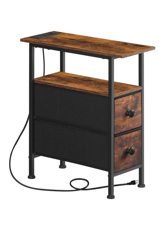 HOOBRO End Table with Charging Station, Narrow Side Table with 2 Fabric Drawers, Skinny Nightstand with Storage, Slim Bedside Table for Living Room, Small Spaces, Rustic Brown and Black BF487UBZ01 - Image 1