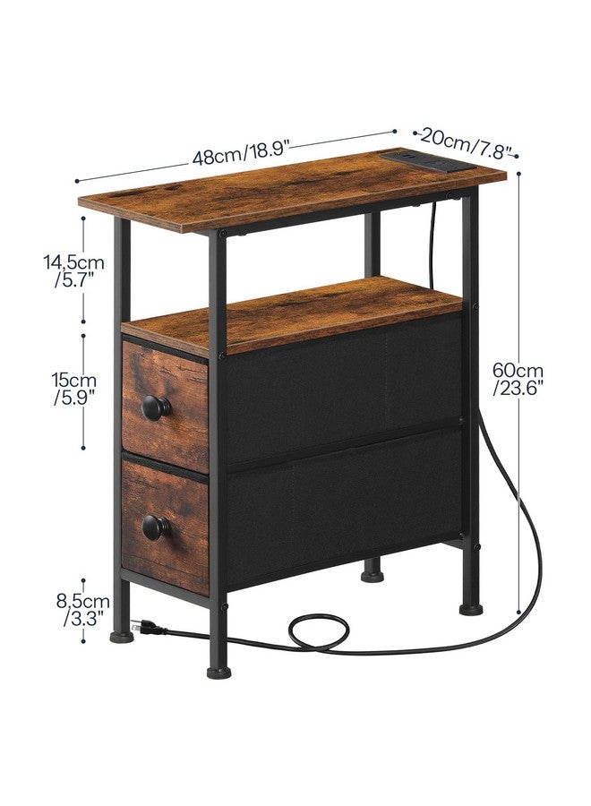 HOOBRO End Table with Charging Station, Narrow Side Table with 2 Fabric Drawers, Skinny Nightstand with Storage, Slim Bedside Table for Living Room, Small Spaces, Rustic Brown and Black BF487UBZ01 - Image 4