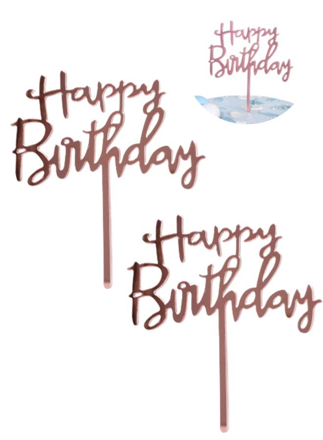 We Happy Pack of 2 Happy Birthday Cake Topper Mirrored Acrylic Cupcake Topper Perfect for Decorations and Party Supplies Rose Gold  - Image 1