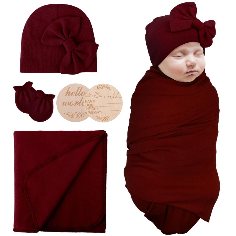 AQOKKA AQOKKA Newborn Receiving Blanket with Bow Hat Mittens Wooden Card Set Newborns Toddler Baby Boy Girl Nursery Swaddle Wrap 