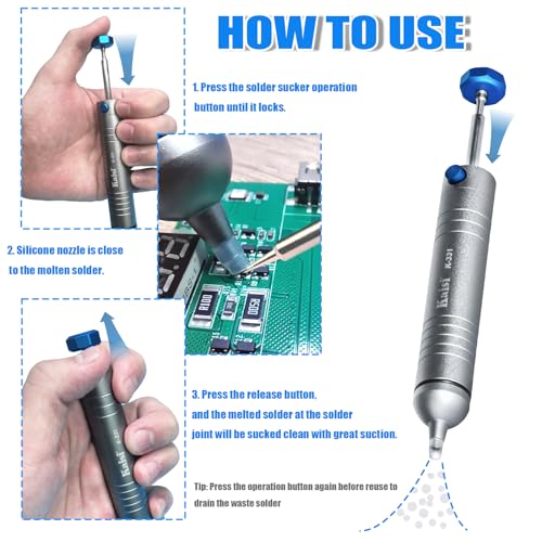 Kaisi Solder Sucker No Clog Desoldering Pump with Powerful Vacuum Suction Replaceable Heat Resistant Silicone Tube for Cooperate Soldering and Desolder Gun Iron Tool Conduct Solder Removing - Image 4