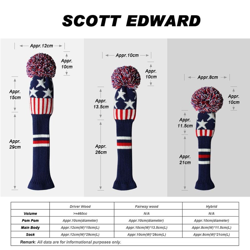 Scott Edward غطاء مضرب جولف سكوت إدوارد المحبوك مع بوم مجموعة من 4 أغطية رأس بنقاط سوداء وبيضاء مرتبة لحماية مضرب السائق (460cc) ومضرب الفيرواي والهجين/UT مع علامات رقم النادي الدوارة - Image 3