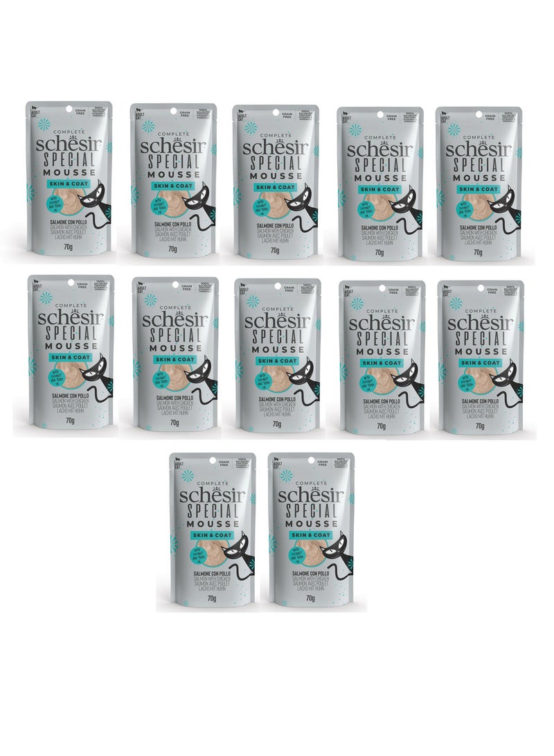 شيسر 12 قطعة طعام رطب للقطط في كيس من سمك السلمون مع الجلد والفرو مع الدجاج في الموس - 70 جم - Image 1