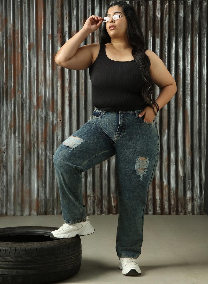 هاي ستار جينز نسائي قطن % أزرق داكن مقاس كبير بتصميم ممزق - Image 1