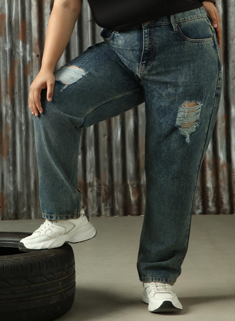 هاي ستار جينز نسائي قطن % أزرق داكن مقاس كبير بتصميم ممزق - Image 5