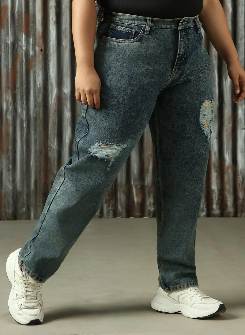 HIGH STAR Women's Indigo 100% Cotton Distressed Plus Size Jeans