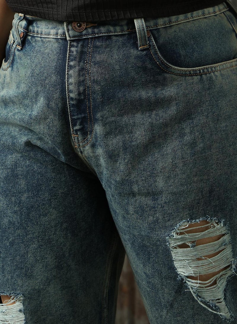 هاي ستار جينز نسائي قطن % أزرق داكن مقاس كبير بتصميم ممزق - Image 4