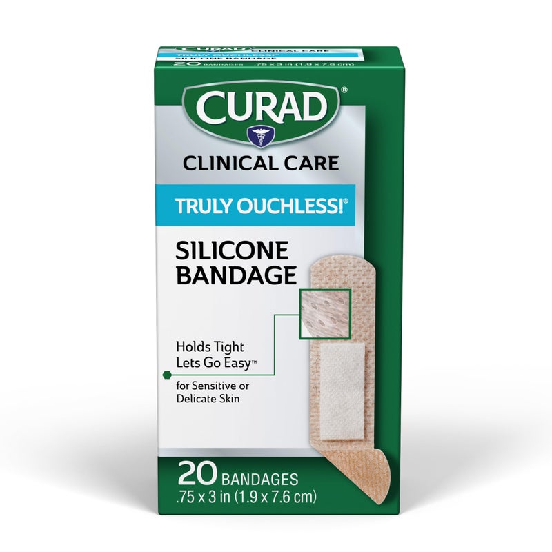 CURAD Truly Ouchless!Â® Silicone Bandages, .75" x 3", For Sensitive or Delicate Skin, Flexible Fabric, Protects Scrapes, Cuts & Burns, 20 Count - Image 1
