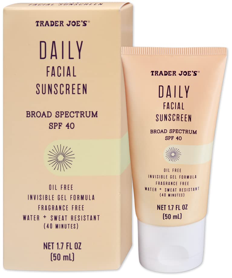Trader Joe's واقي شمس الوجه اليومي من تريدر جو SPF 40 خالي من الزيت تركيبة جل غير مرئية خالية من العطور مقاوم للماء والعرق، 1.70 أونصة سائلة (عبوة من 1)